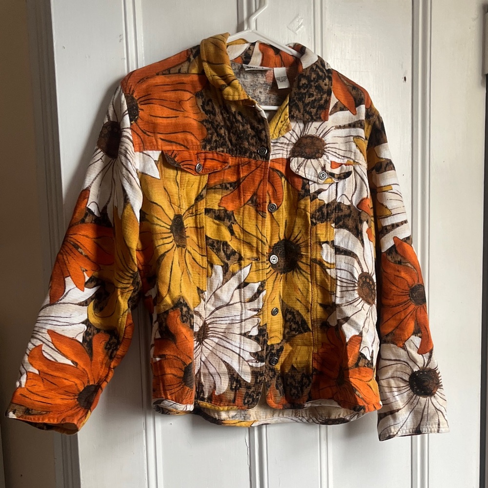 Chico's Floral Jean Jacket - Orange, Yellow, Brown